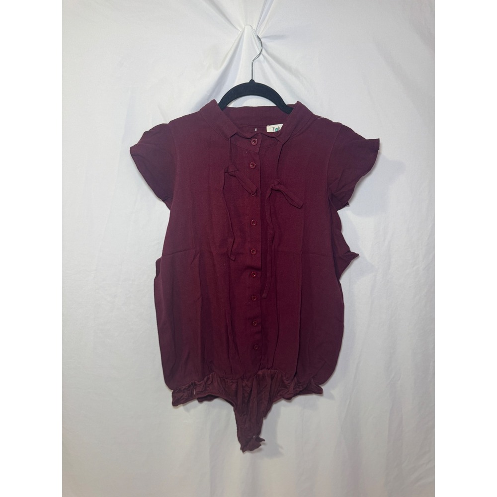 Burgundy Ruffle Bodysuit L Romantic Balletcore Tie Neck Tulip B NWT